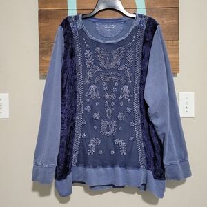 Soft Surroundings Blue Velvet Embroidered Long Sleeve Sweatshirt Top 3X